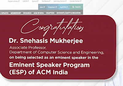 SNIoE Faculty Member Selected as Eminent Speaker by the Association for Computing Machinery India